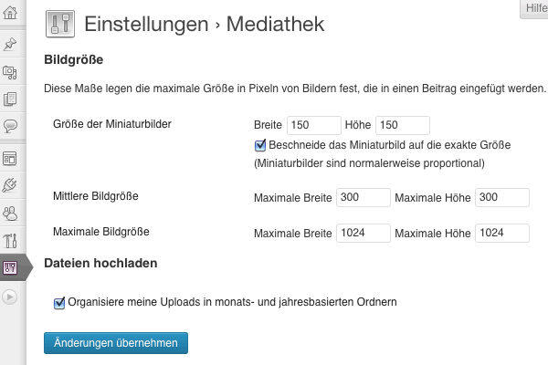 Einstellungsmöglichkeiten der Mediathek in WordPress 3.5