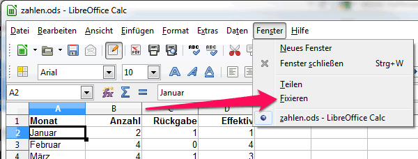 OpenOffice / LibreOffice Fenster -> Fixieren