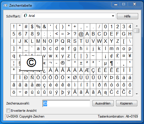 Copyright-C Zeichentabelle