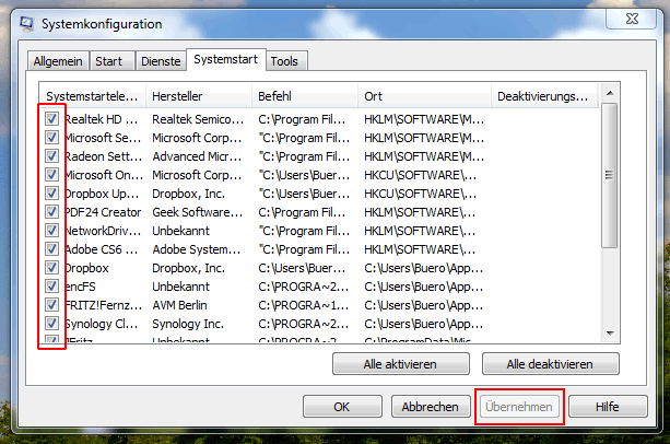 msconfig Autostart Anwendungen anpassen